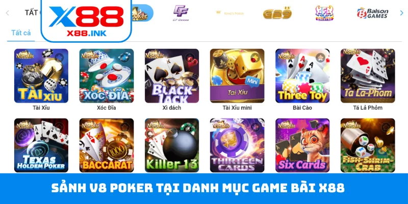 Sảnh V8 Poker tại danh mục game bài X88